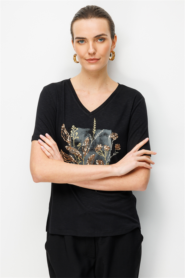 Kadın V Yaka Önü Pul Payet İşlemeli Penye T-shirt Siyah