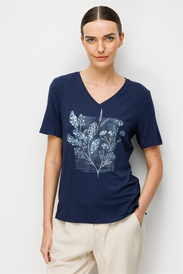 Kadın V Yaka Önü Pul Payet İşlemeli Penye T-shirt Lacivert