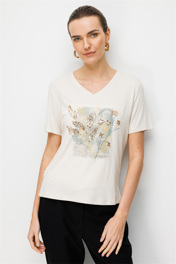 Kadın V Yaka Önü Pul Payet İşlemeli Penye T-shirt Bej