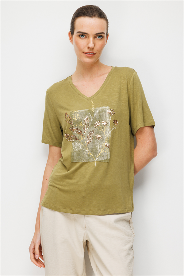 Kadın V Yaka Önü Pul Payet İşlemeli Penye T-shirt Haki