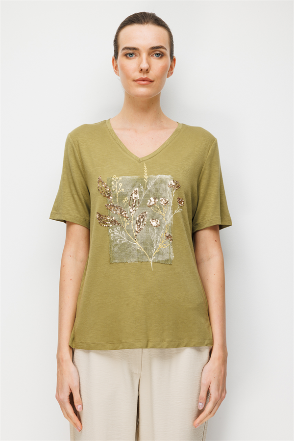 Kadın V Yaka Önü Pul Payet İşlemeli Penye T-shirt Haki