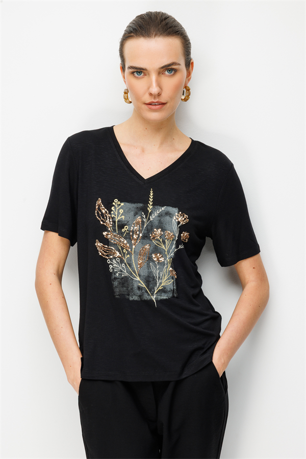 Kadın V Yaka Önü Pul Payet İşlemeli Penye T-shirt Siyah