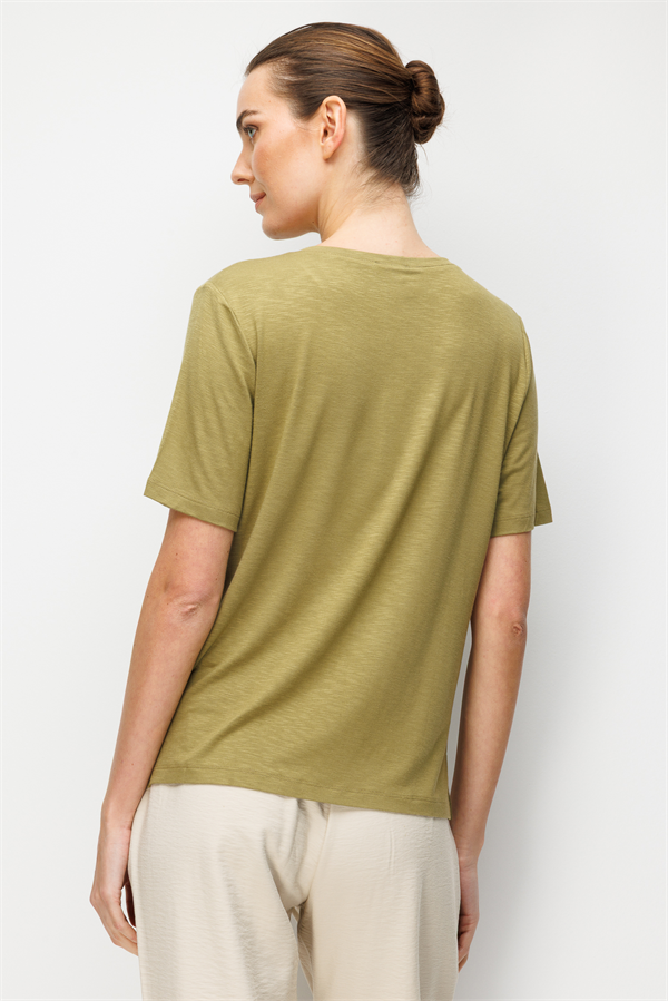 Kadın V Yaka Önü Pul Payet İşlemeli Penye T-shirt Haki