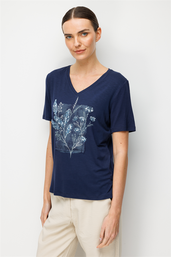 Kadın V Yaka Önü Pul Payet İşlemeli Penye T-shirt Lacivert