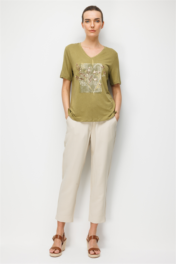 Kadın V Yaka Önü Pul Payet İşlemeli Penye T-shirt Haki