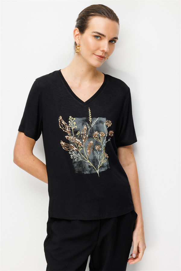 Kadın V Yaka Önü Pul Payet İşlemeli Penye T-shirt Siyah