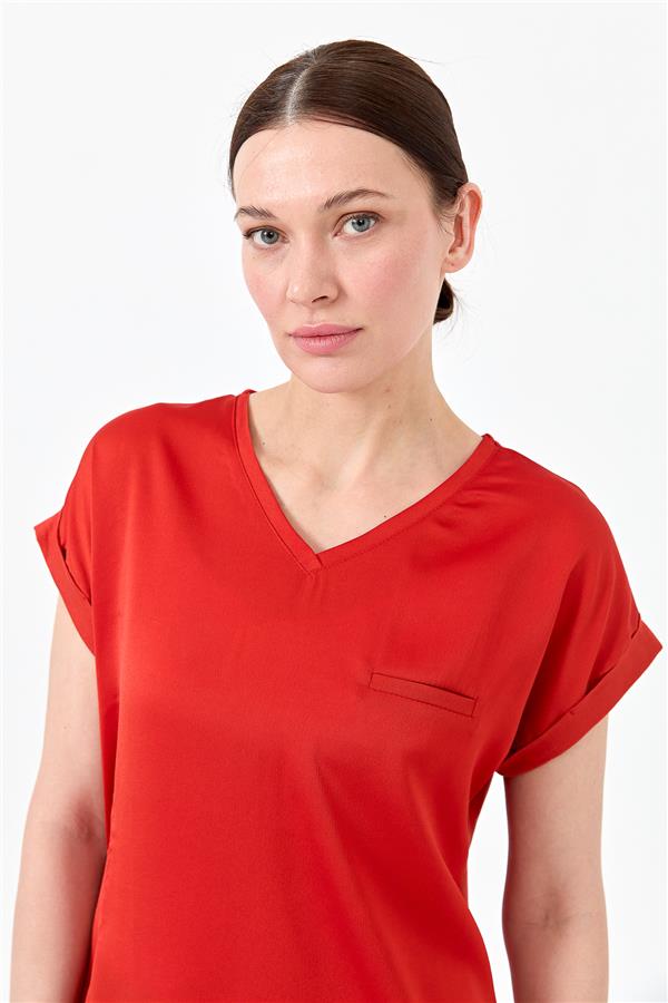 Женская блуза с V образным вырезом и атласным фасадом оранжевая