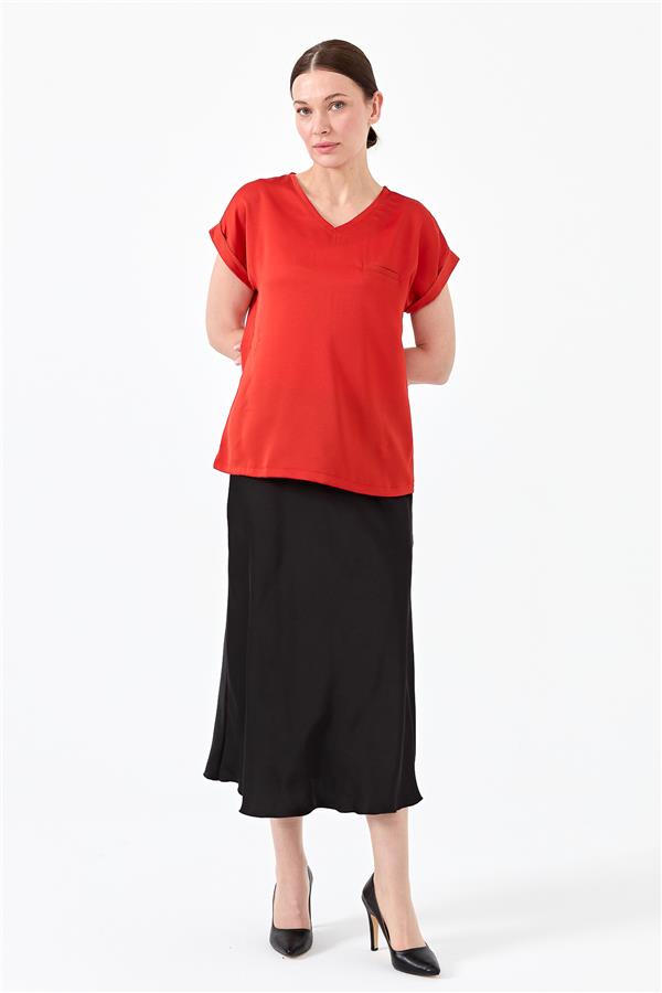 Женская блуза с V образным вырезом и атласным фасадом оранжевая