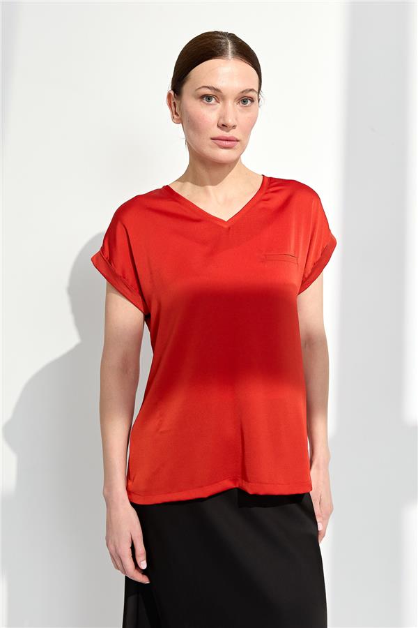 Женская блуза с V образным вырезом и атласным фасадом оранжевая