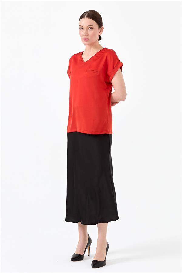 Женская блуза с V образным вырезом и атласным фасадом оранжевая