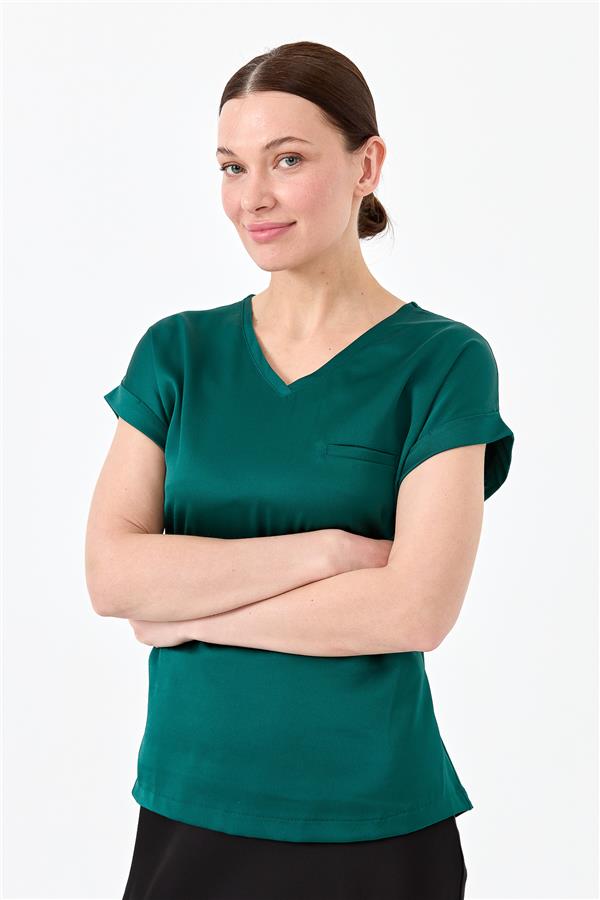 Женская блуза с V образным вырезом и атласным фасадом зеленая