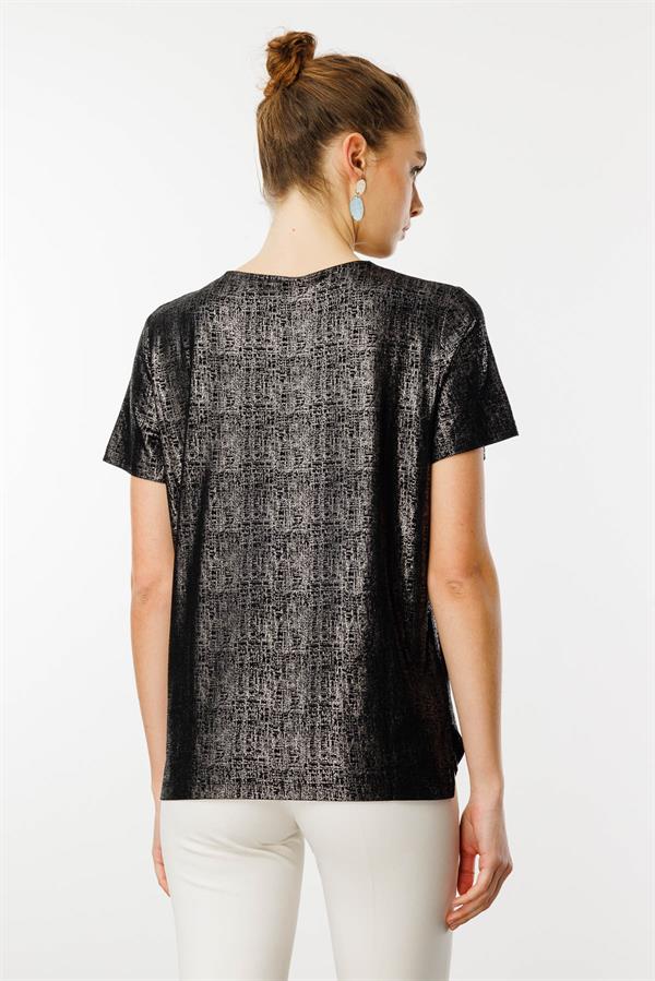 Kadın V Yaka Parlak Baskılı Penye T-Shirt Siyah