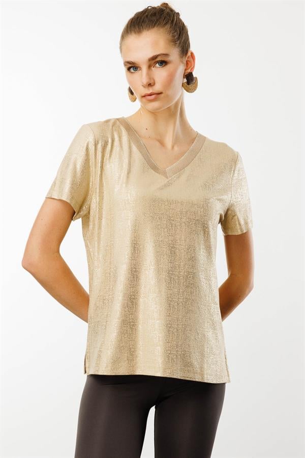 Kadın V Yaka Parlak Baskılı Penye T-Shirt Vizon