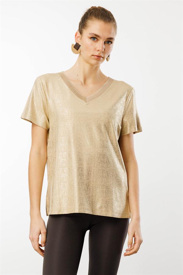 Kadın V Yaka Parlak Baskılı Penye T-Shirt Vizon