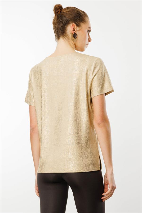 Kadın V Yaka Parlak Baskılı Penye T-Shirt Vizon