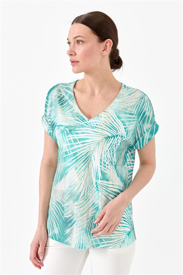 Женская хлопковая блуза с V образным вырезом из блестящей ткани зеленая