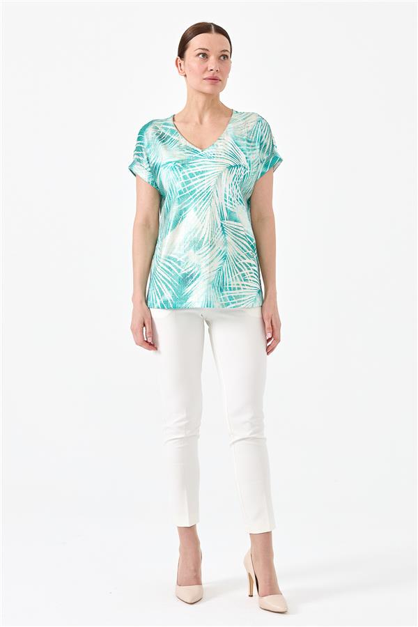 Женская хлопковая блуза с V образным вырезом из блестящей ткани зеленая