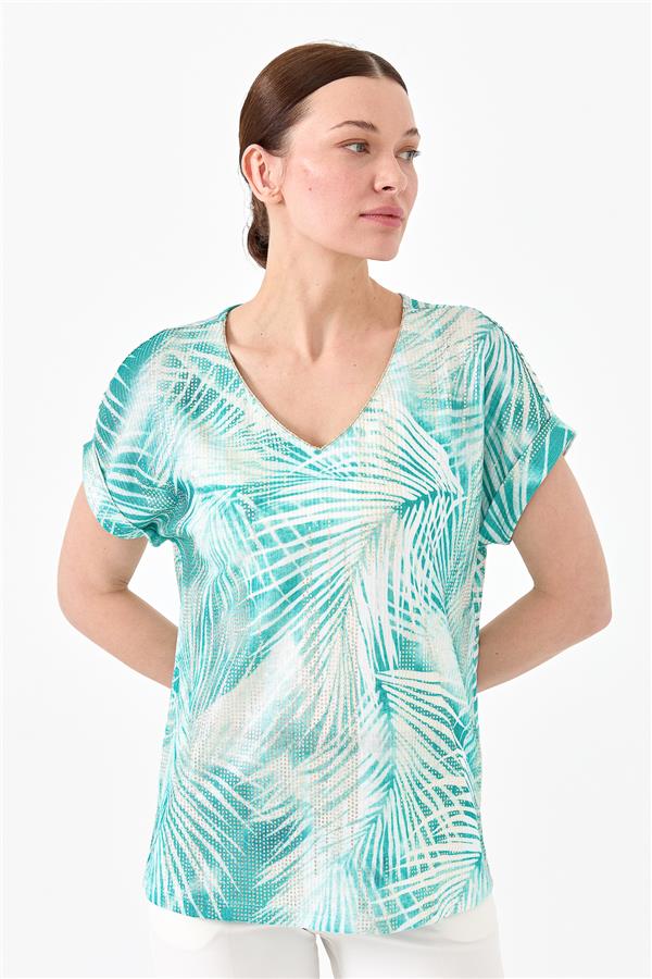 Женская хлопковая блуза с V образным вырезом из блестящей ткани зеленая