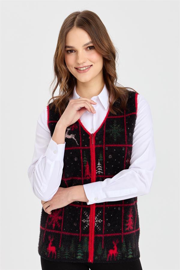 Kadın V Yaka Patchwork Yılbaşı Desenli Yelek Siyah
