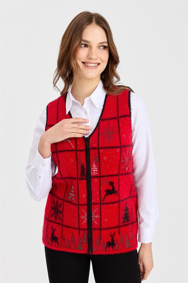 Kadın V Yaka Patchwork Yılbaşı Desenli Yelek Kırmızı