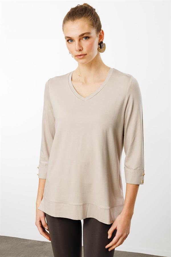Kadın V Yaka Penye Bluz Bej