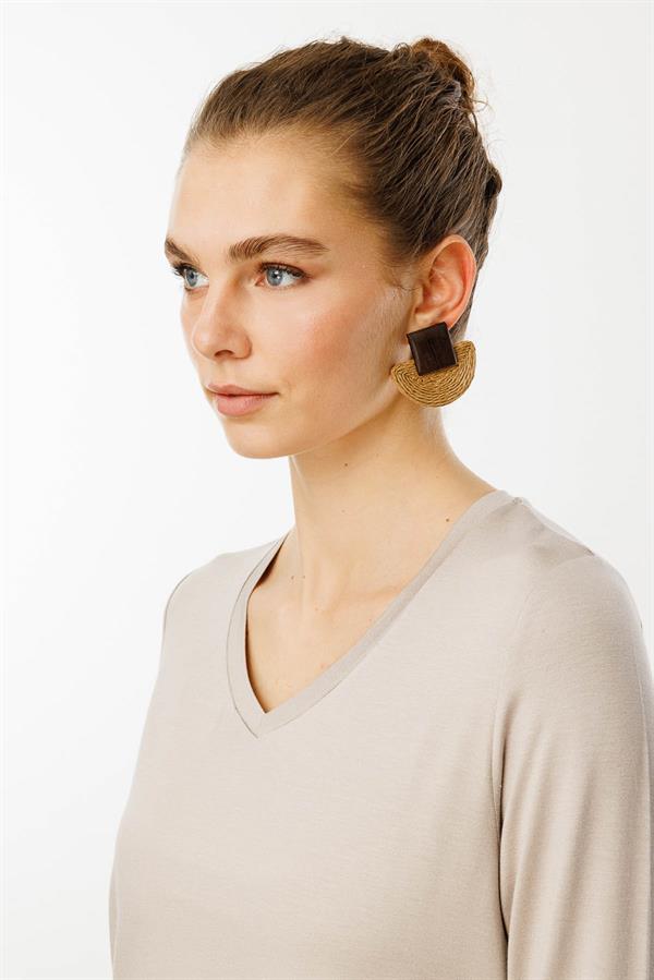 Kadın V Yaka Penye Bluz Bej