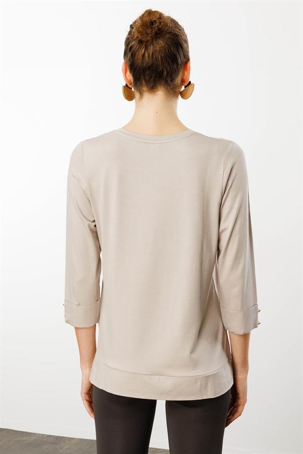 Kadın V Yaka Penye Bluz Bej