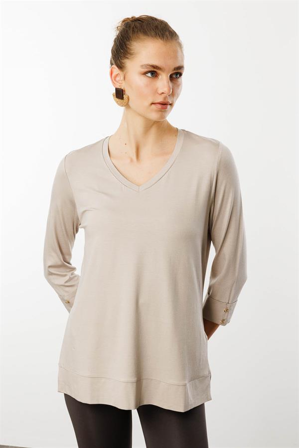 Kadın V Yaka Penye Bluz Bej