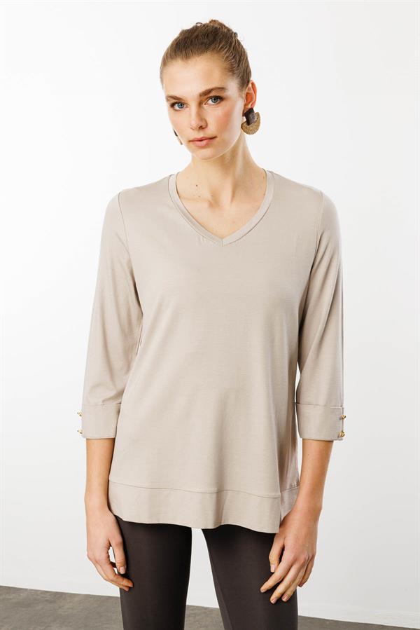 Kadın V Yaka Penye Bluz Bej