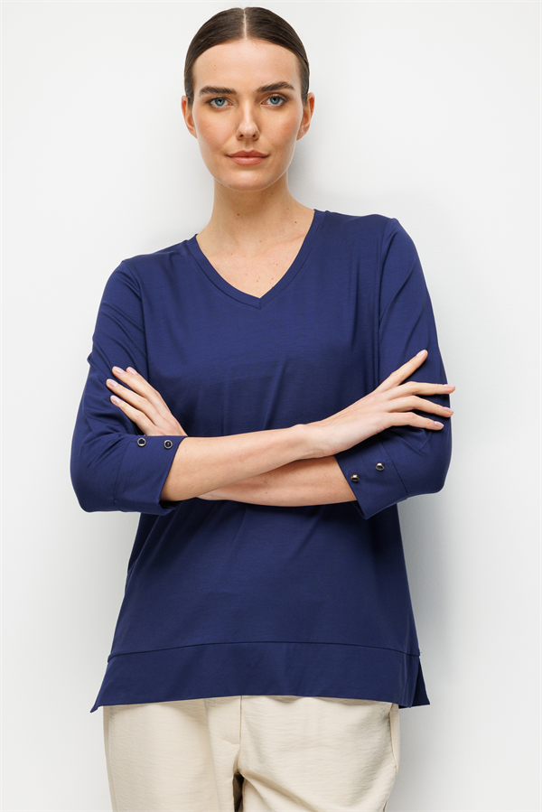 Kadın V Yaka Penye Bluz Lacivert
