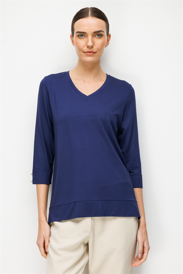 Kadın V Yaka Penye Bluz Lacivert