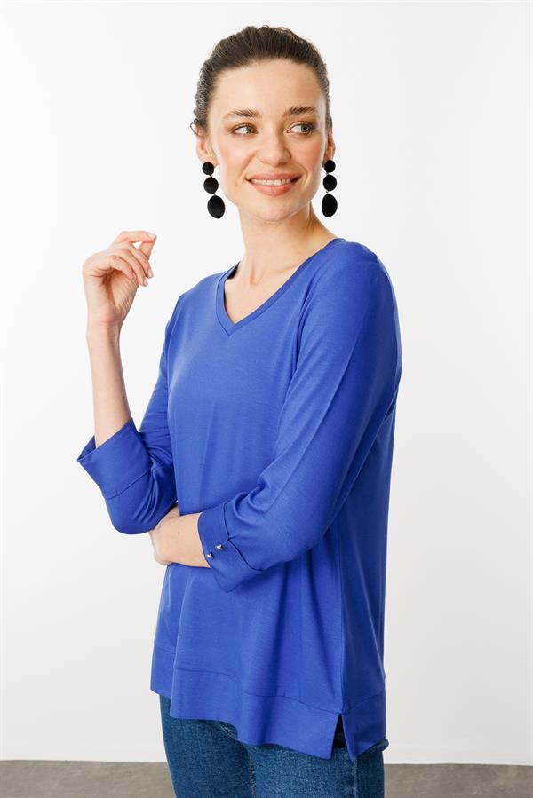 Kadın V Yaka Penye Bluz Sax