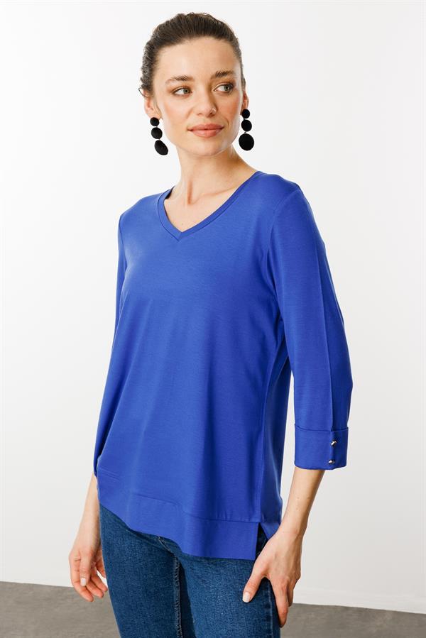 Kadın V Yaka Penye Bluz Sax