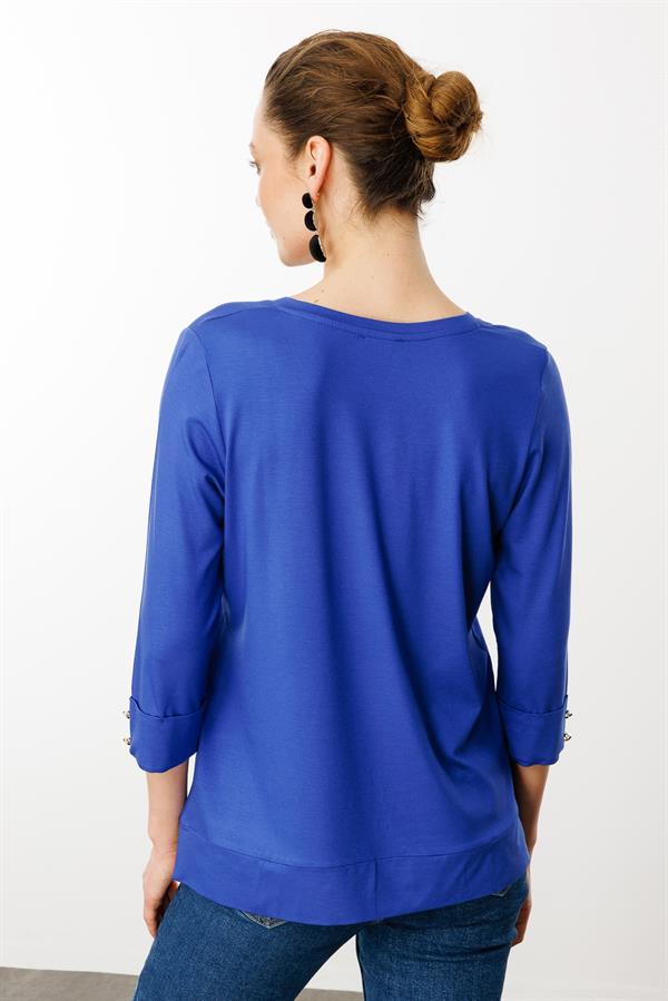 Kadın V Yaka Penye Bluz Sax