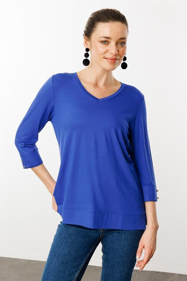 Kadın V Yaka Penye Bluz Sax