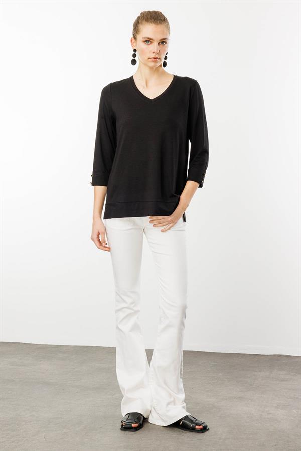 Kadın V Yaka Penye Bluz Siyah