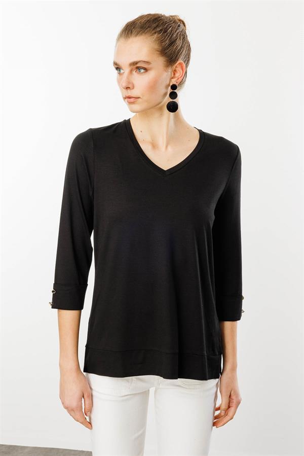 Kadın V Yaka Penye Bluz Siyah