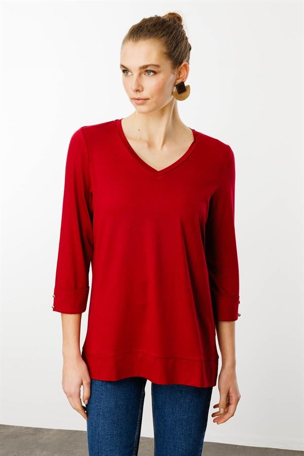 Kadın V Yaka Penye Bluz Vişne