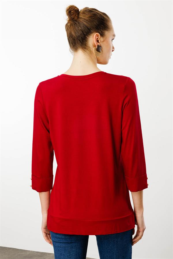 Kadın V Yaka Penye Bluz Vişne