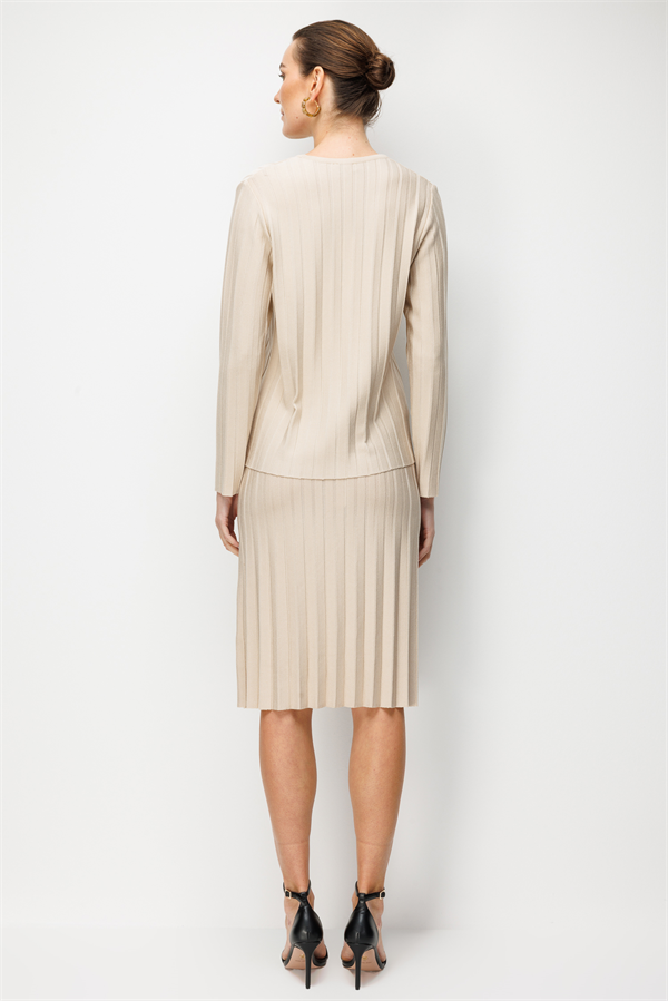 Kadın V Yaka Pileli Araboy İnce Triko Ceket Bej