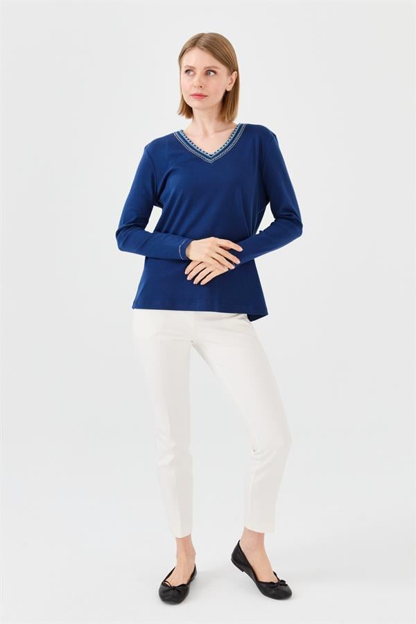 Womens V-Neck Colorful Embroidered Blouse Navy Blue