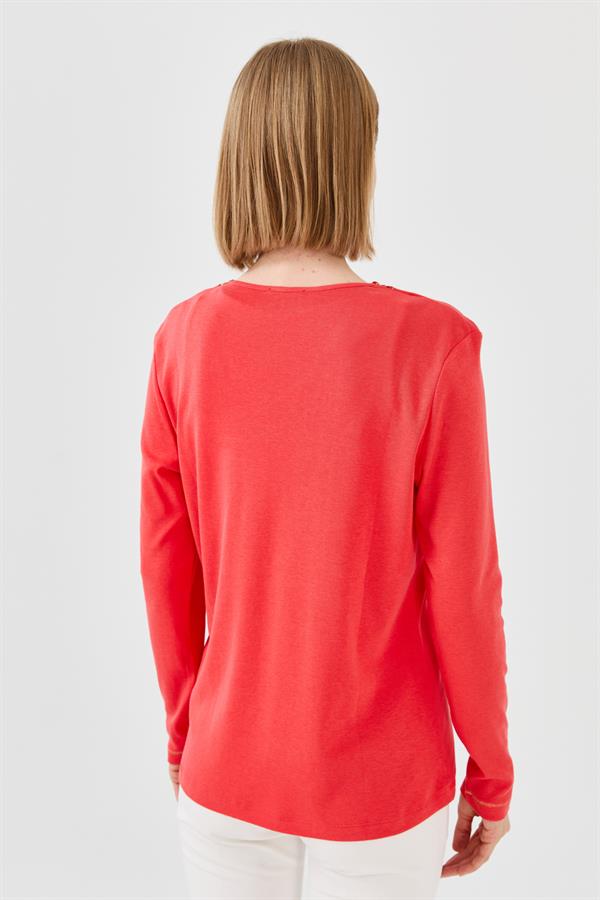 Womens V-Neck Colorful Embroidered Blouse Coral