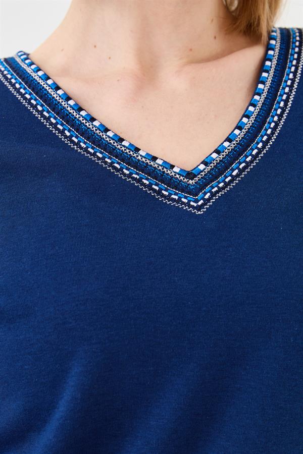 Womens V-Neck Colorful Embroidered Blouse Navy Blue