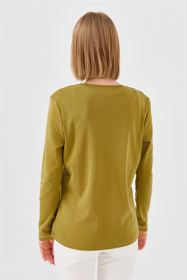 Womens V-Neck Colorful Embroidered Blouse Khaki