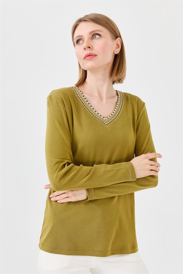 Womens V-Neck Colorful Embroidered Blouse Khaki