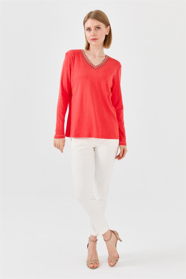 Womens V-Neck Colorful Embroidered Blouse Coral