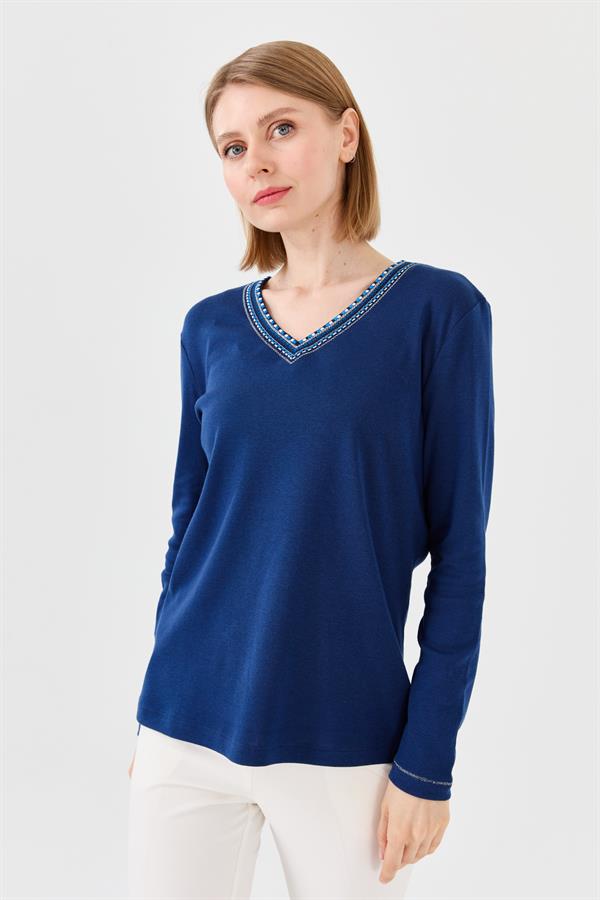 Womens V-Neck Colorful Embroidered Blouse Navy Blue