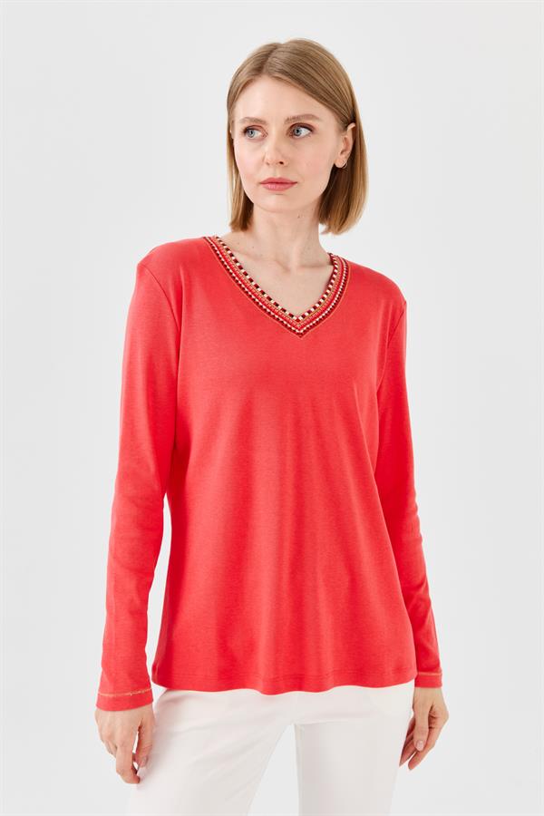 Womens V-Neck Colorful Embroidered Blouse Coral
