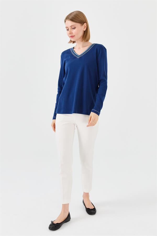 Womens V-Neck Colorful Embroidered Blouse Navy Blue