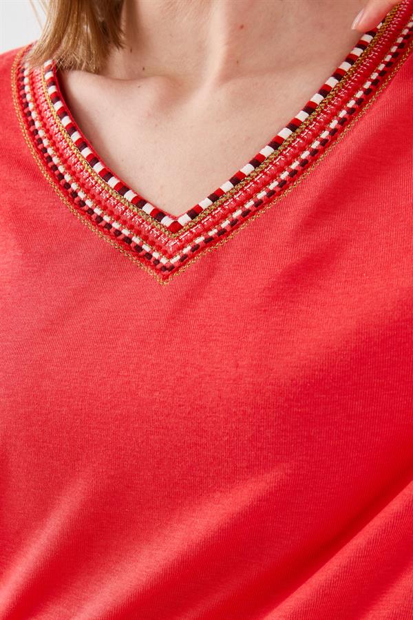 Womens V-Neck Colorful Embroidered Blouse Coral